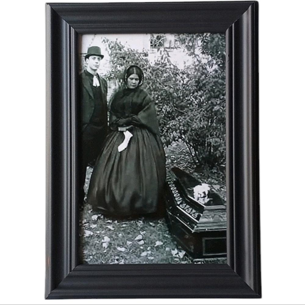 Vintage Victorian Couple Mourning  With Casket Portrait Gothic Goth Funeral Art